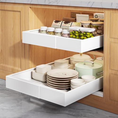 2 Pack Pull Out Cabinet Organizers 21" Deep With Raising Pad for Framed Cabinets, Expandable Width (9"-14") Slide Out Drawers Upgrade 3 Slide Rails, Roll Out Shelves Adhesive, White - color: White, size: 9"-14"Wide x 21"Deep(2 Pack)