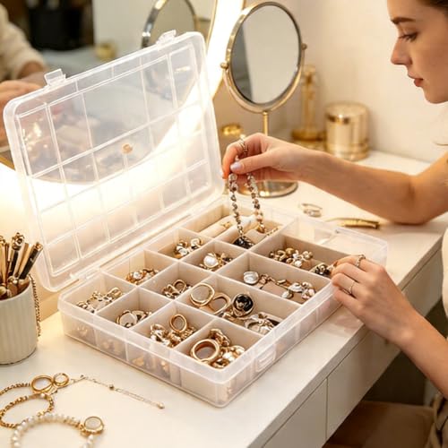 56 Grid Small Parts Organizer, Clear Plastic Jewelry Bead Storage Box with Removable Dividers, Portable Nail Art & Craft Organizer,Transparent color - color: Transparent color