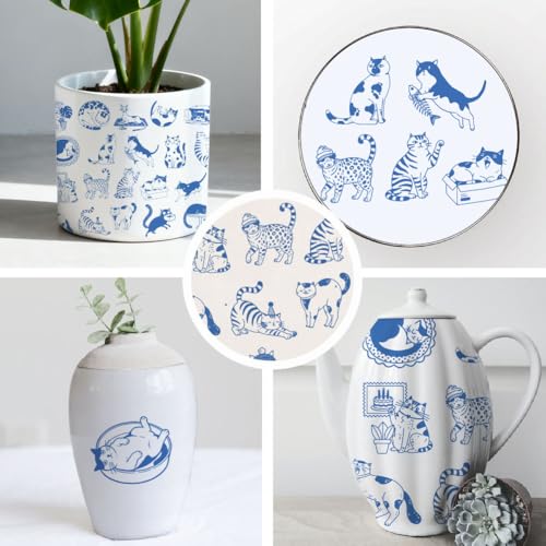 SUPERDANT 5 Pcs Cat Underglaze Transfer Pottery Decal Ceramic Cat Decal for Mugs Plates Blue - style: Cartoon Cat