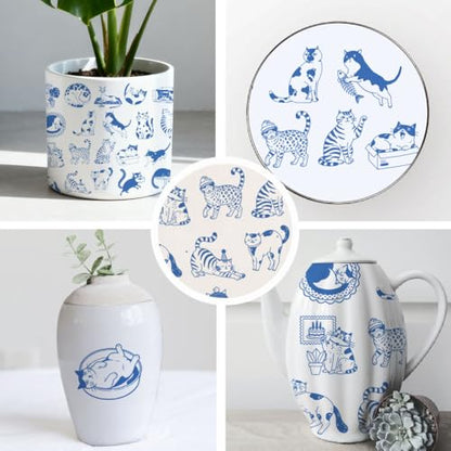 SUPERDANT 5 Pcs Cat Underglaze Transfer Pottery Decal Ceramic Cat Decal for Mugs Plates Blue - style: Cartoon Cat