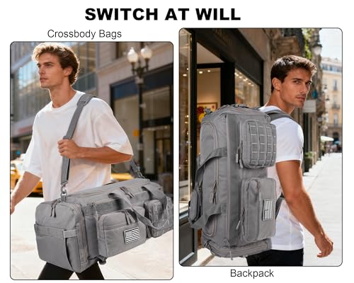 LHI 50L Tactical Duffle Bag for Men, 3-in-1 Gym Duffle and Backpack, Shoe Compartment, Laptop Sleeve and MOLLE, Carry-On Travel Weekender and Overnight Bag – Gray - color: Gray