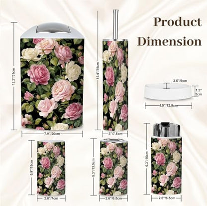 Bathroom Accessory Set 6 Piece Peony Roses Black White Stripes Flowered Trash can, Toothbrush Holder, Toothbrush Cup, Soap Dispenser, Soap Dish, Toilet Brush Holder - color: Color2
