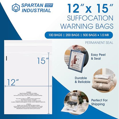 Spartan Industrial - 12” X 15” (100 Count) Self Seal Clear Poly Bags with Suffocation Warning for Packaging, T Shirts & Shipping - Permanent Adhesive - size: 12" X 15"