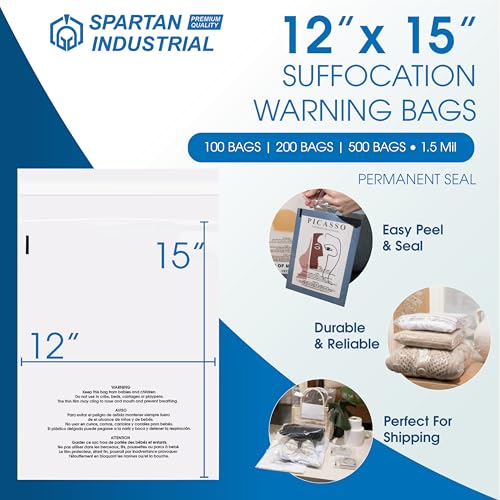 Spartan Industrial - 12" X 15" (500 Count) Self Seal Clear Poly Bags with Suffocation Warning for Packaging, Clothes - Permanent Adhesive - size: 12" x 15"