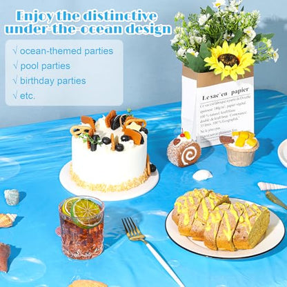 54 Inch x 100 Ft Ocean Waves Plastic Tablecloth Roll in Slide Cutter Box Under the Sea Table Cover Blue Water Print Backdrop Bulletin Board Plastic Roll for Beach Pool Birthday Party Decor