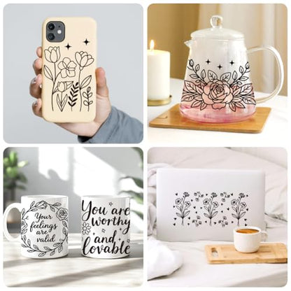 UV DTF Cup Wraps Transfer Stickers Black Line Flowers Pattern, 10 Sheets Waterproof Custom Vinyl Transfer Sticker 16oz Coffee Glass Cup Tumbler Bottle Mug Decals for Men Women - style: Black Line Flowers
