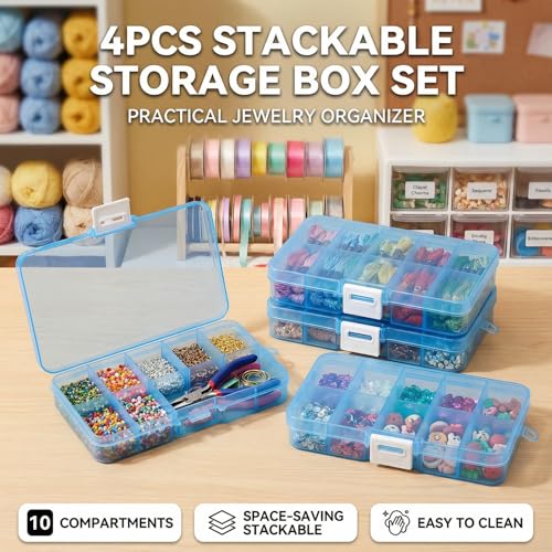 4-Pack Plastic Organizer Boxes with 40 Grids, Stackable Jewelry & Craft Storage Case, Waterproof Hardware Parts Holder Portable DIY Hobbyist, Beads and Fishing Tackle (Blue)