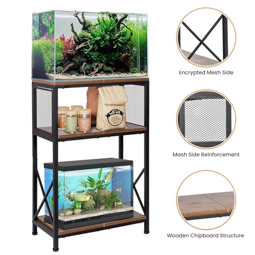 Fish Tank Stand, 10 Gallon Aquarium Stand, 3-Tier Metal Storage Shelf, 20.47"×11.42"×31.69" Heavy Duty Terrarium Stand for Home Office Fish Tank Shelf, Rustic Brown - color: Rustic Brown