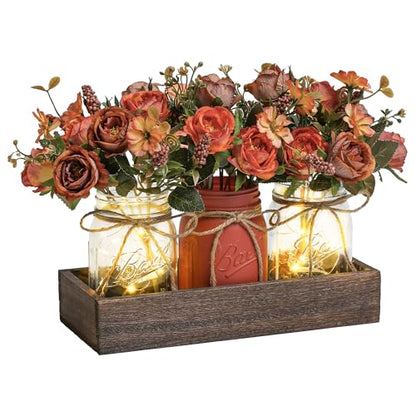 3 Pcs Mason Jar Centerpiece Table Decorations for Dining Table Decor Farmhouse Coffee Table Decor with Wood Tray and Led Light Table Centerpieces for Dining room Kitchen Living Bathroom,Orange