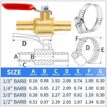 ChillWaves Brass Mini Ball Valve, Shut Off Switch Ball Valve 1/8" Barb with Hose Clamp for Water Air Systems(2-PACK)