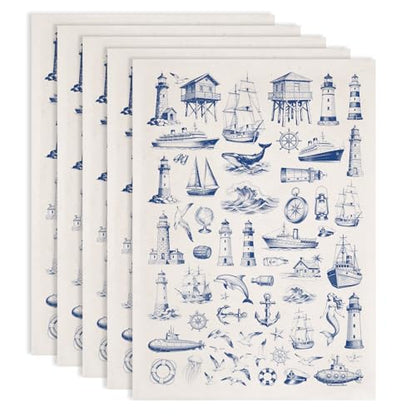 PLIGREAT 5 Pcs Marine Themed Underglaze Transfer for Pottery, 20.5x14.6in Ceramic Clay Transfer Paper Lighthouse Ship Ceramic Decals Blue Under Glaze Transfers for DIY Handicraft Supplies - style: Marine