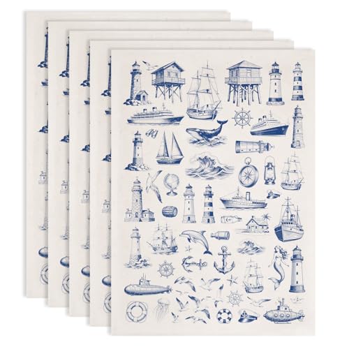 PLIGREAT 5 Pcs Marine Themed Underglaze Transfer for Pottery, 20.5x14.6in Ceramic Clay Transfer Paper Lighthouse Ship Ceramic Decals Blue Under Glaze Transfers for DIY Handicraft Supplies - style: Marine