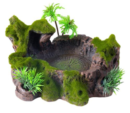 Reptile Decor, Plastic Reptile Platform with Artificial Plants - Basking Habitat Decor for Lizard, Turtle, Frog, Snake