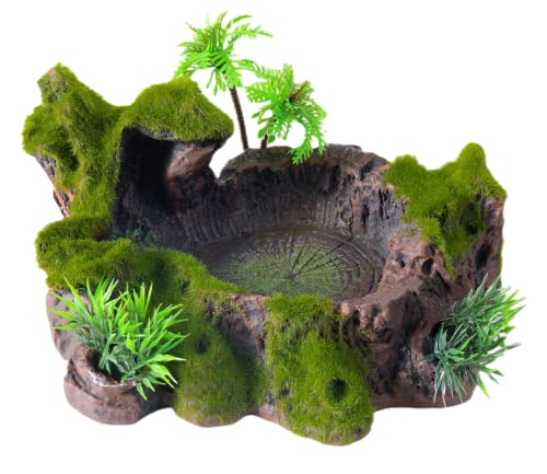 Reptile Decor, Plastic Reptile Platform with Artificial Plants - Basking Habitat Decor for Lizard, Turtle, Frog, Snake