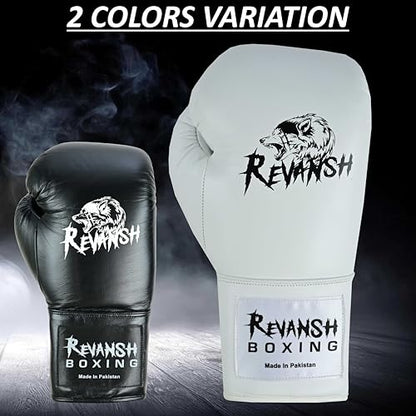 Revansh Prolace Cowhide Leather Boxing Gloves - Unisex, Professional Training & Sparring - Black and White - Sizes: 12 oz, 14 oz, 16 oz - color: White, size: 16 oz