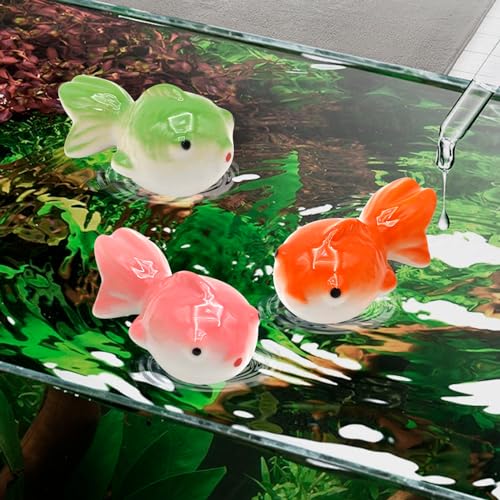3 Pcs Floating Aquarium Decorations, Ceramic Fish Figurines Craft, Koi Ornaments, Mini Creative Fish Tank (Green Pink Red)