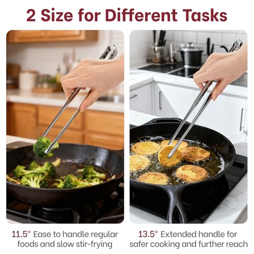 Precision Serrated Non-Slip Tips Cooking Tongs 2 Set (11.5" & 13.5"), 18/8 Stainless Steel Metal Tong, Light but Durable, Easily Control Kitchen Tweezer Tongs for Frying, Plating, BBQ