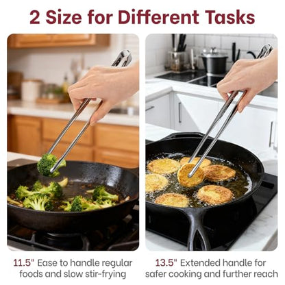 Precision Serrated Non-Slip Tips Cooking Tongs 2 Set (11.5" & 13.5"), 18/8 Stainless Steel Metal Tong, Light but Durable, Easily Control Kitchen Tweezer Tongs for Frying, Plating, BBQ