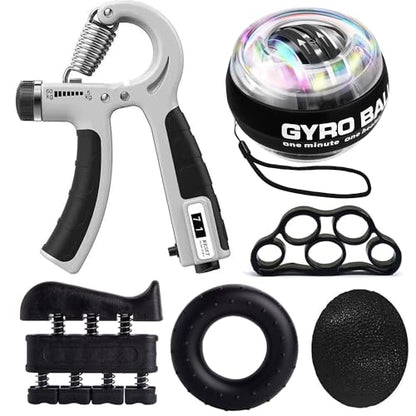 Grip Strength Trainer Kit with Finger Exerciser, Hand Grip Strengthener, Hand Extension Exerciser, Stress Relief Ball, Grip Ring, Gyro Ball for Muscle Building and Injury Recover - color: Gray&Black