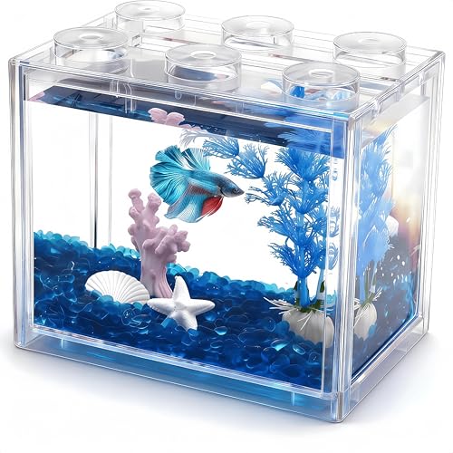 Small Betta Fish Tank, Mini Fish Tank Aquarium Tank Kit with Blue Gravel & Resin Decorations, 0.6 Gallon Stackable Fish Bowl Tiny Desktop Aquarium for Sea Monkey Shrimp - color: Clear