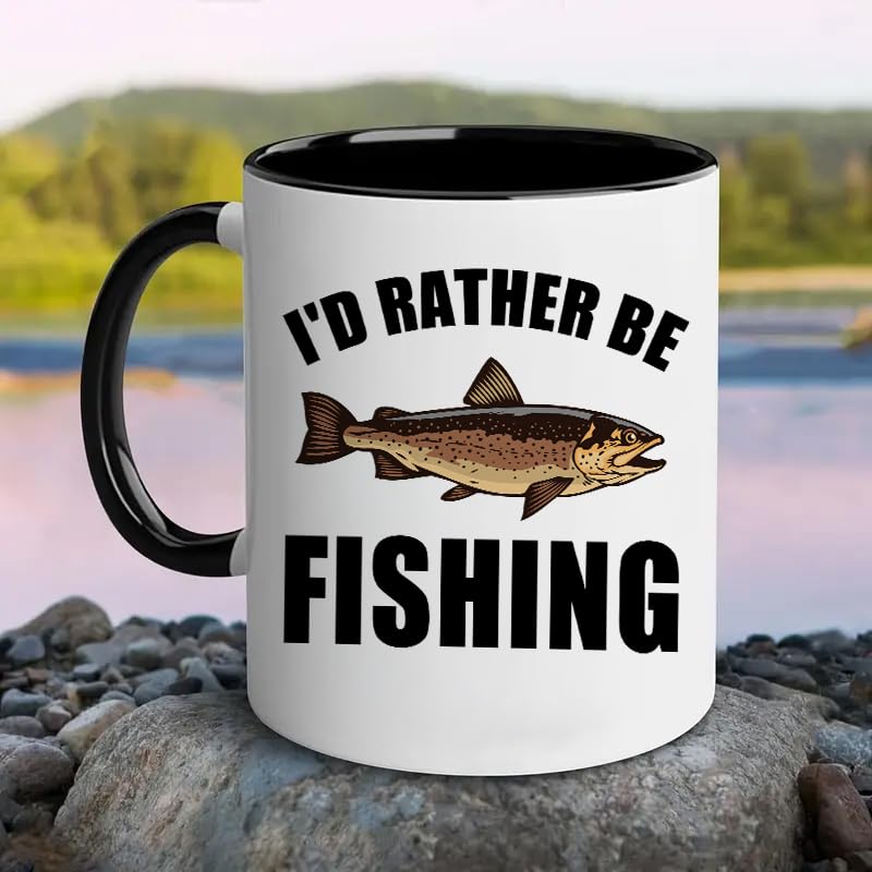 Ceramic Mug Novelty Cup - Funny Gift for Father's Day Fishing Lovers or Men Him Dad Grandpa Fisherman - I'D Rather Be Fishing - 11 oz Coffee Mug White and black Tea Cup