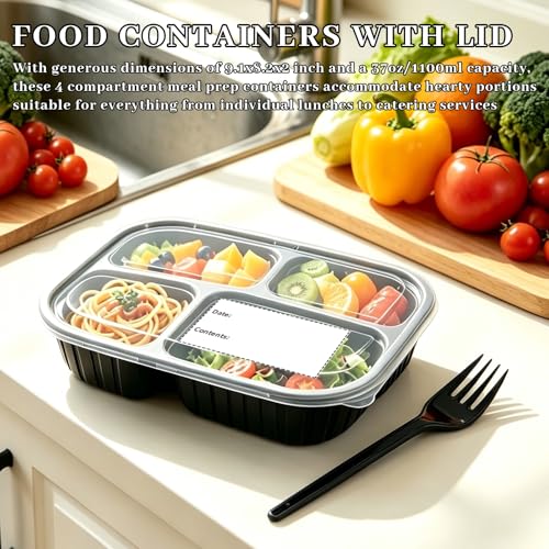 50 Pack Food Containers with Lids and with Forks, 37oz/1100ml Microwave Safe 4 Compartment Meal Prep Containers, Black Plastic Food Bento Boxes for Take Out, Restaurant