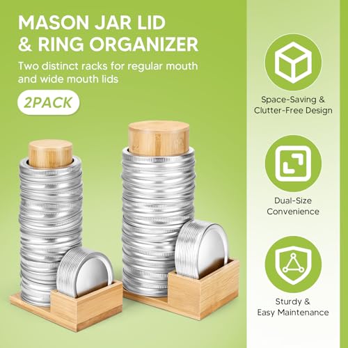 2PCS Mason Jar Lid Organizer & Holder (Wide Mouth & Regular Mouth) Bamboo Ball Jar Wooden Storage Accessories for Home Kitchen Organization Fit Mason/Canning/Bamboo Lids, Holds 20 Lids & 20 Rings