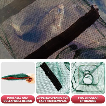 2 Pack Minnow Trap for Bait Fish Foldable Fishing Net with Dual Entrances Zippered Removal Access 2.7 Inch Openings Portable Small Fish Crawfish Shrimp Crayfish Trap for Lake Pond Fishing