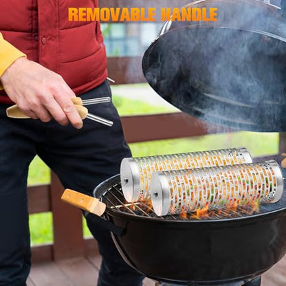 Nesting Grill Baskets (2 Pack), 304 Stainless Steel and Removable Wooden Handle, Rolling Grilling Net, BBQ Accessories Tools for Vegetables Shrimp, Outdoor Camping, Gifts for Men Dad Husband,Rectangle