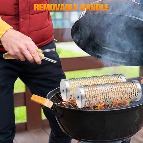 Rolling Grill Baskets,【2025Upgraded】 2Pcs Nesting Grilling Net with Removable Wooden Handle,BBQ Accessories Tools for Vegetables Shrimp,Outdoor Camping Barbecue Rack,Gifts for Men Dad (Stainless Steel,Rectangle)