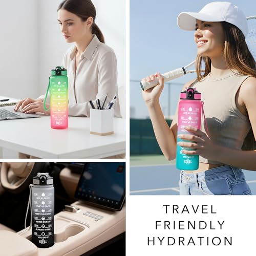 Hyeta Water Bottle with Straw & Time Marker, Plastic 32oz Leakproof - color: Gray-Black