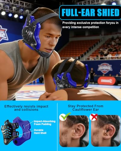 Wrestling Headgear, Youth Wrestling Head Gear with Chin Cup, Sorf Ear Guard for MMA, Jiu-Jitsu (for Users Age 10+) - color: Blue