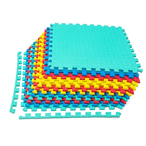 Tangkula 12 Tiles Exercise Flooring Mats with Border, Non-Slip EVA Foam Protective Mats, Elastic Puzzle Play Mats, 1/2" Interlocking Floor Mats for Home Gym, Fitness Room, Workshop Equipment - size: 12 Tiles(52 SqFt)
