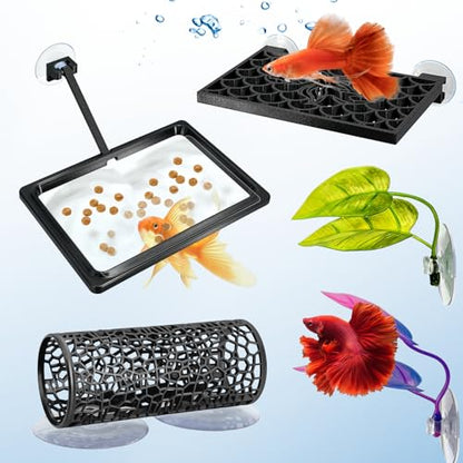 Betta Hammock & Fish Enclosure Accessories Set- Frond Hammock, Swim Tunnel, Feeding Station, Black Square Betta Platform - Breeding, Resting, and Play Area for Betta Fish