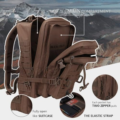 Hannibal Tactical MOLLE Assault Backpack, Tactical Backpack Military Army Camping Rucksack - color: Dark Brown