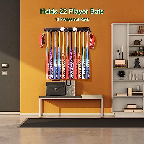 QBA Wall Mount Baseball Bat Holder, Heavy Duty Metal Bat Rack, Holds 22 Bats, Bats Organizer for Dugout Fence Home Garage (Black) - size: 22 Bats - Black