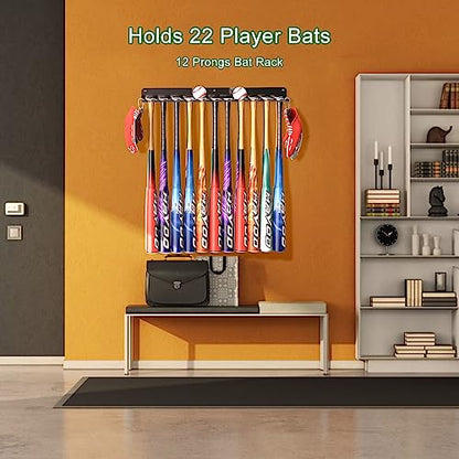 QBA Wall Mount Baseball Bat Holder, Heavy Duty Metal Bat Rack, Holds 22 Bats, Bats Organizer for Dugout Fence Home Garage (Black) - size: 22 Bats - Black