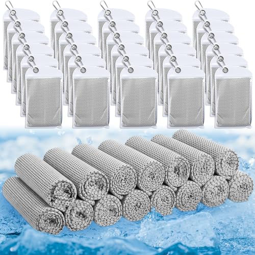 Honoson 30 Pack Cooling Towels for Neck and Face, 27 x 16 Inch Cool Chilly Towels, Microfiber Reusable Sweat Rag with Pouch for School Sport Team, Athlete, Gym, Workout and Outdoor Use (Light Grey) - color: Light Grey