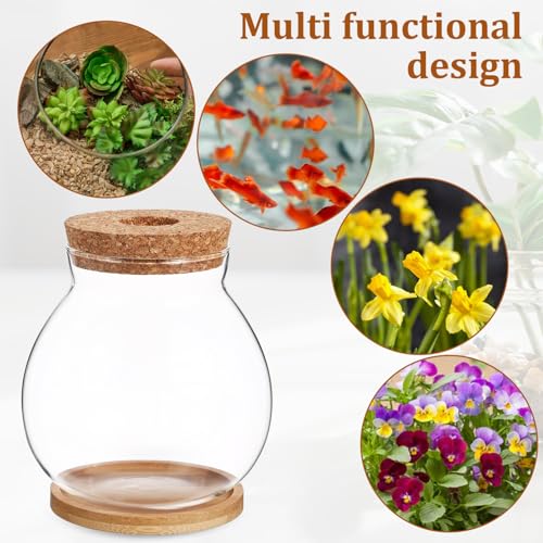 Toddmomy Desktop Hydroponic Glass Fish Bowl Mat Small Betta Tank for Aquatic Plants Terrarium for Home Office Lid