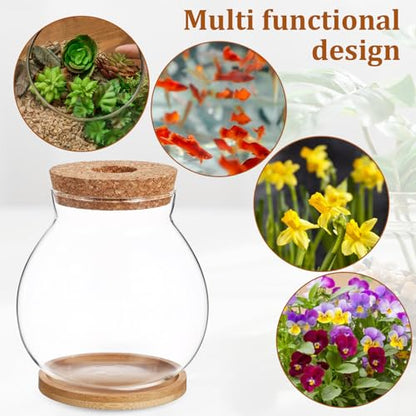 Toddmomy Desktop Hydroponic Glass Fish Bowl Mat Small Betta Tank for Aquatic Plants Terrarium for Home Office Lid
