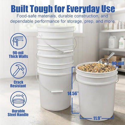 5 Gallon Bucket - Food Grade Bucket with Airtight Gamma Seal Screw-On Lid, BPA-Free, Heavy-Duty 90 Mil HDPE Plastic, Bulk Storage, Durable Container, Made in USA, White/Green, 3 Packs