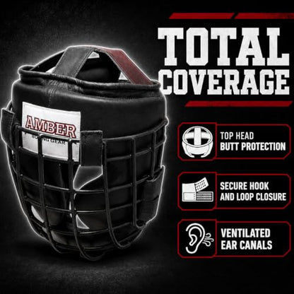 Heavy Leather Headgear with Removable Face Mask, Adjustable Hook & Loop Closure - Ideal for Boxing, Kickboxing, MMA Training