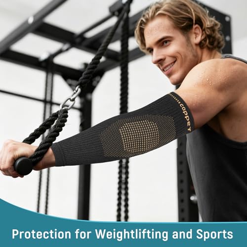 Copper Elbow Compression Sleeve, Extends to Forearm, Snug Fit, Medium | Copper Infused, Extended Coverage, Tennis Elbow Brace, Weightlifting, Tendonitis, Golfers Elbow Pain Relief - size: Medium