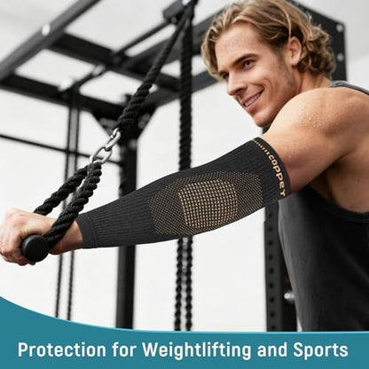 Copper Elbow Compression Sleeve, Extends to Forearm, Snug Fit, Medium | Copper Infused, Extended Coverage, Tennis Elbow Brace, Weightlifting, Tendonitis, Golfers Elbow Pain Relief - size: Medium