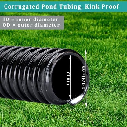 Pond Hose ID 1” × 10ft Black Corrugated Flexible Reinforced PVC Hose Vinyl Tubing for Pond Pump Fountain Garden Waterfall, Non-toxic & Kinkproof, with 2 clamps