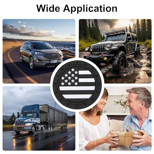 4PCS Car Cup Coasters, 2.75 Inch Universal American Flag Cup Holder Coasters for Car Accessories, Non-Slip Silicone Anti-Shock Drinking Mats for Trucks, Cars, RVs and SUVs (Black)