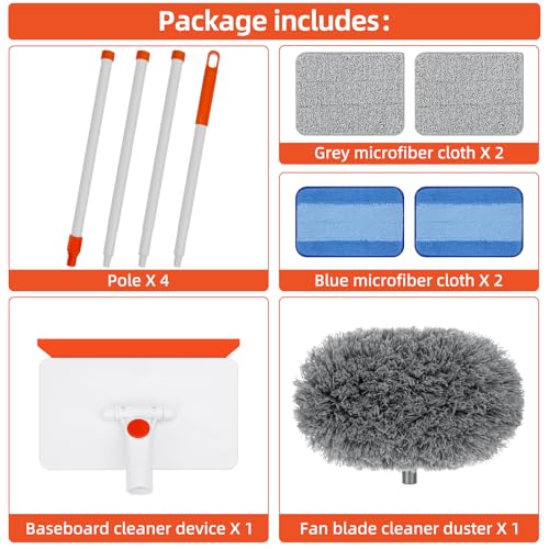 Baseboard Cleaner Tool with Handle, Extendable Long Handle Baseboard Cleaning Duster with Reusable Pads for Floorboard, Ceiling Fan Blade Cleaner Duster (Gray) - color: Gray