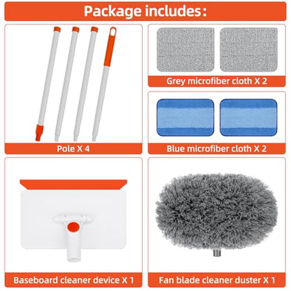 Baseboard Cleaner Tool with Handle, Extendable Long Handle Baseboard Cleaning Duster with Reusable Pads for Floorboard, Ceiling Fan Blade Cleaner Duster (Gray) - color: Gray