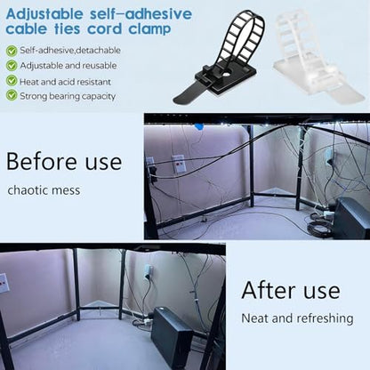 Adjustable Adhesive Cable Management Clips 50Pcs, Large self Adhesive Cable Ties Clips ，Suitable for Cable Management Under desks and on Walls (White) - color: White