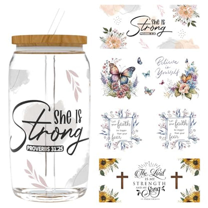 4 PCS Bible Quotes UV DTF Cup Wrap Stickers for 16oz Libbey Cups | Vibrant Colors; Strong Adhesion; Hand Washable & Scratch Resistant; Easy to Use Cold Transfer stickers; Fits Smooth Surfaces